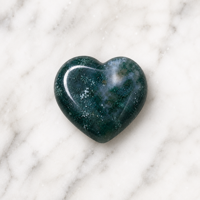Moss Agate Heart Crystal, Puffy Mini 1 Inch Pocket Crystal Heart.