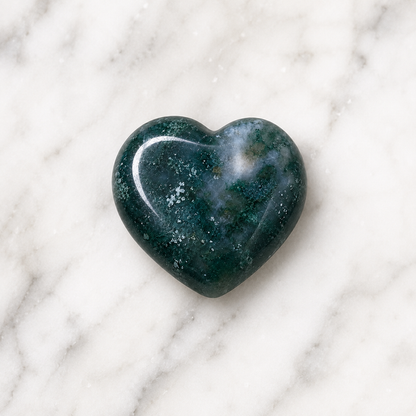 Moss Agate Heart Crystal, Puffy Mini 1 Inch Pocket Crystal Heart.