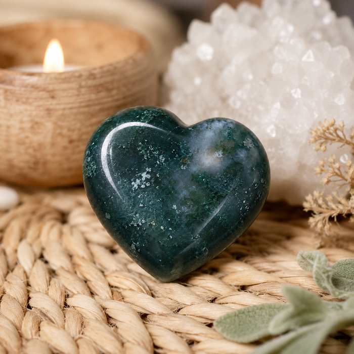 Moss Agate Heart Crystal, Puffy Mini 1 Inch Pocket Crystal Heart.