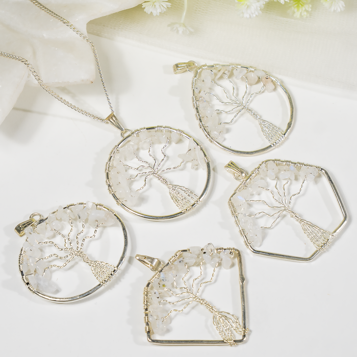Natural White Rainbow Moonstone Crystal Tree of Life Pendant |Crystal Pendant