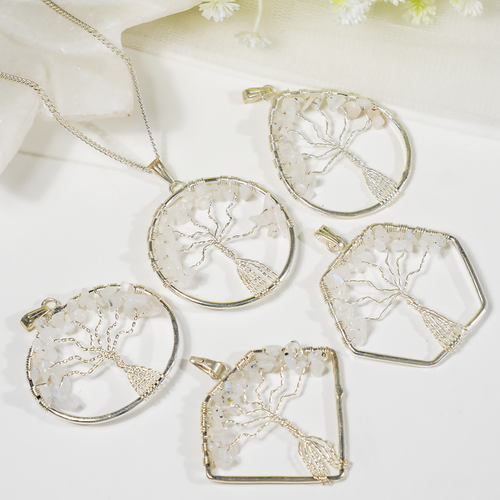 Natural White Rainbow Moonstone Crystal Tree of Life Pendant |Crystal Pendant