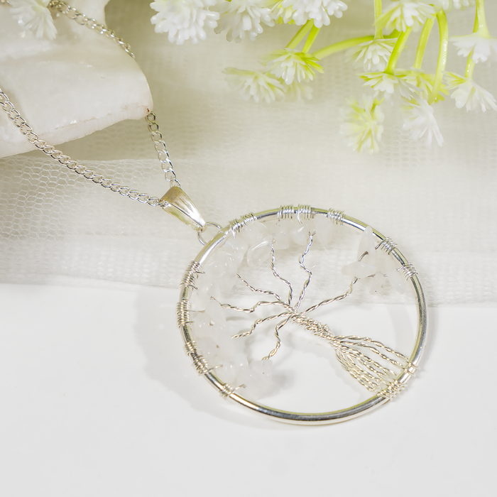 Natural White Rainbow Moonstone Crystal Tree of Life Pendant |Crystal Pendant
