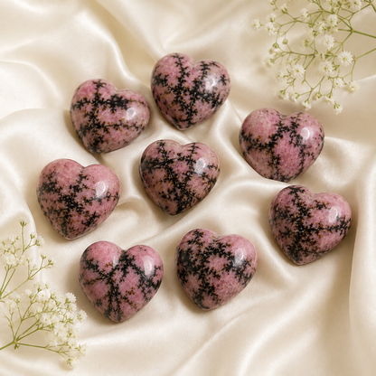 Polished Rhodonite Heart Crystal, 2 Inch Pocket Heart Large Puffy Crystal Heart