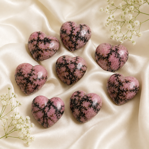 Polished Rhodonite Heart Crystal, 2 Inch Pocket Heart Large Puffy Crystal Heart