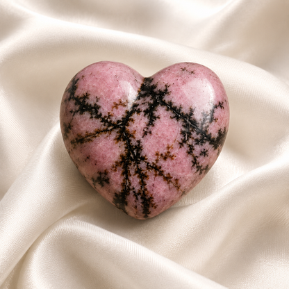 Polished Rhodonite Heart Crystal, 2 Inch Pocket Heart Large Puffy Crystal Heart