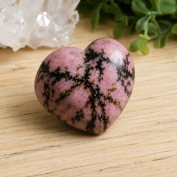 Polished Rhodonite Heart Crystal, 2 Inch Pocket Heart Large Puffy Crystal Heart