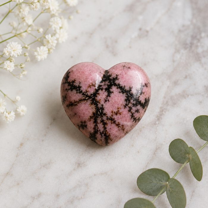 Polished Rhodonite Heart Crystal, 2 Inch Pocket Heart Large Puffy Crystal Heart