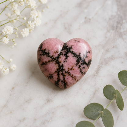 Polished Rhodonite Heart Crystal, 2 Inch Pocket Heart Large Puffy Crystal Heart