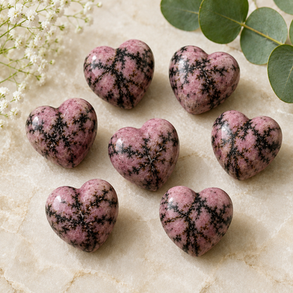 Polished Rhodonite Heart Crystal, 2 Inch Pocket Heart Large Puffy Crystal Heart