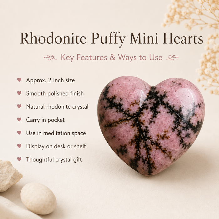 Polished Rhodonite Heart Crystal, 2 Inch Pocket Heart Large Puffy Crystal Heart
