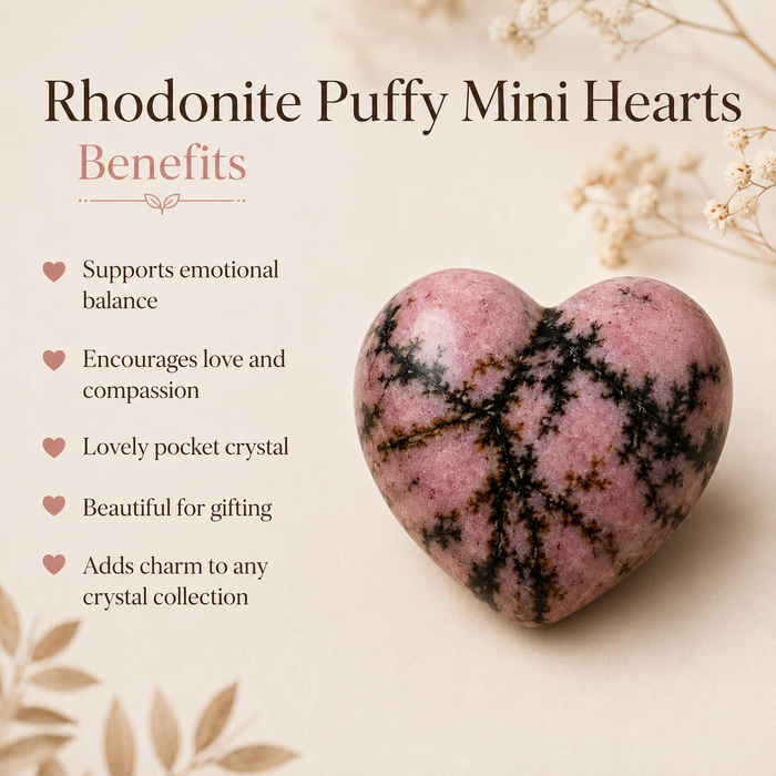 Polished Rhodonite Heart Crystal, 2 Inch Pocket Heart Large Puffy Crystal Heart
