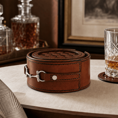 Premium Genuine Leather Coaster Set Bit - Set of 6 3